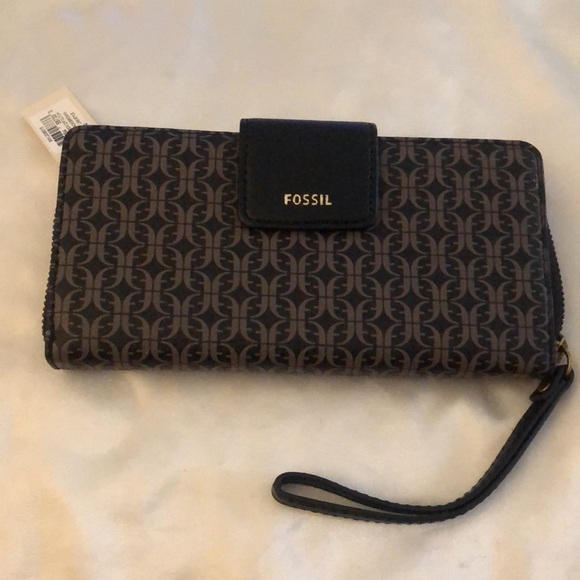 Fossil Madison Zip Clutch Black Brown Faux Leather Geometric Logo Pattern NWT - Picture 2 of 16